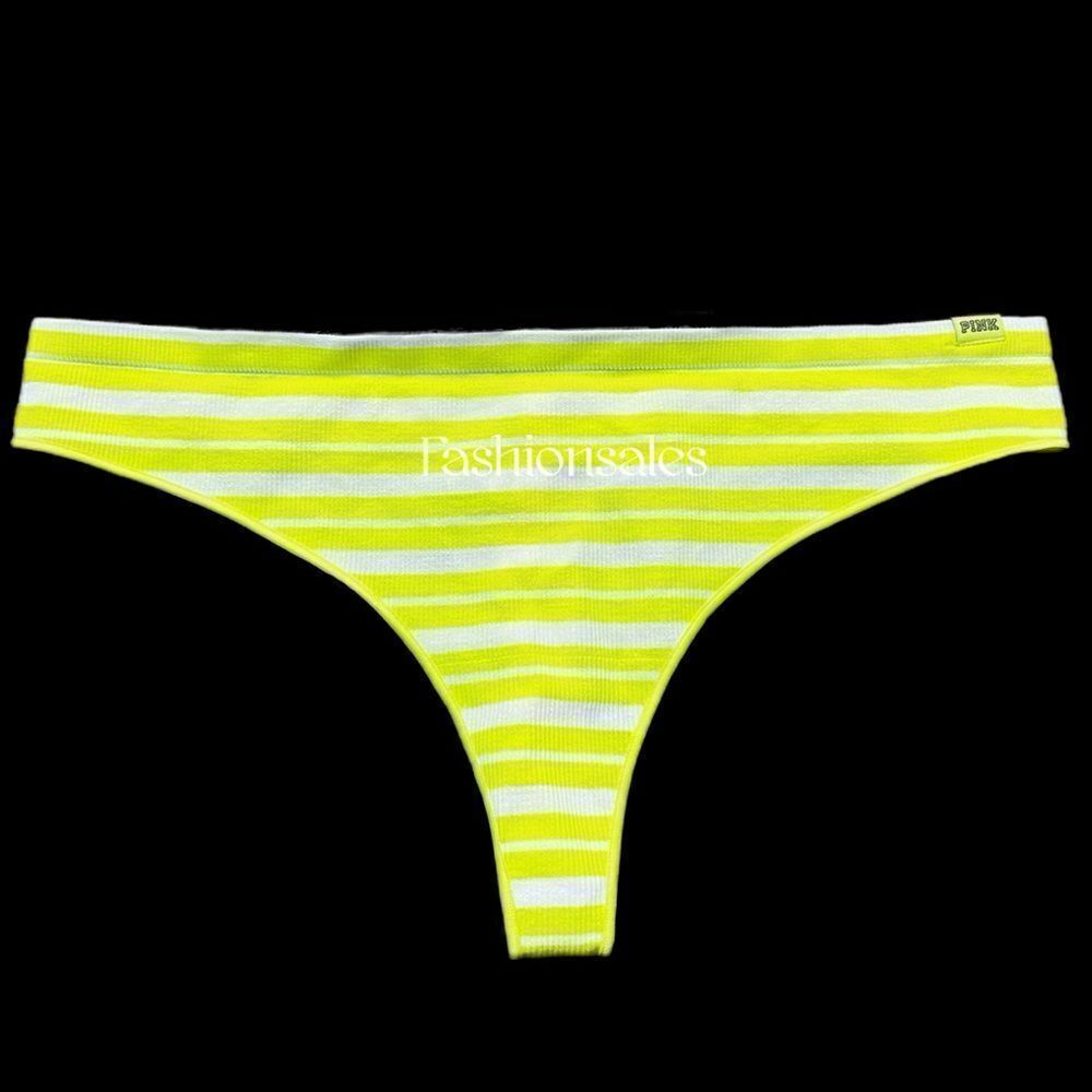 VIctoria’s Secret Pink Ribbed High Waist Thong Panty Neon Yellow / white Striped